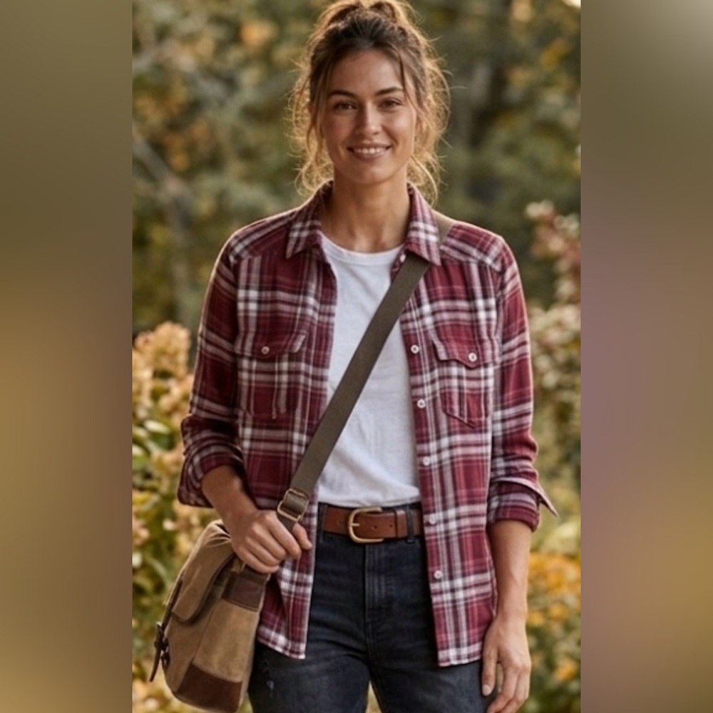 Paige Maroon & White Checkered Button Down Shirt, Stylish & Comfortable, XS